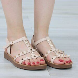 Beige Gladiator Sandals Gold Studded Straps Buckle Closure Open Toe Flat